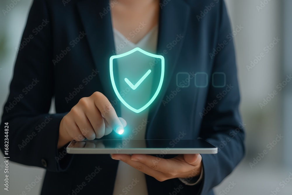 Poster a person holding a tablet computer, a glowing teal shield graphic with a check mark displayed on the