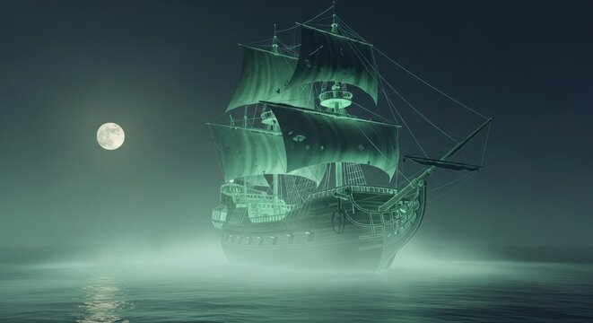 A ghostly pirate ship sailing on the sea under the moonlight, shrouded in fog, creating a haunting Halloween adventure - Powered by Adobe