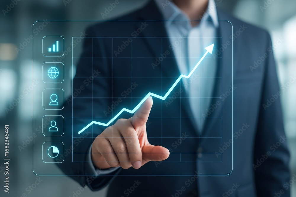 Aufkleber a hand points to a rising graph displayed on a transparent screen, highlighting progress and success