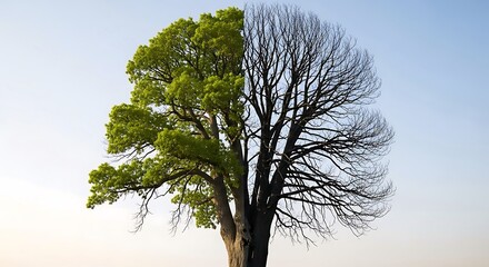 Striking image of a single tree, half covered in vibrant green leaves and half starkly bare, against a serene sky. Symbolizes the dichotomy of life and death, or seasonal change.