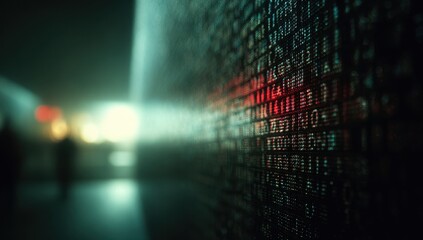 Dark, cryptic data wall; blurred figures