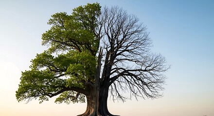 Striking visual of a tree half alive with vibrant green leaves and half barren, representing the duality of seasons, growth, and decay against a clear sky.