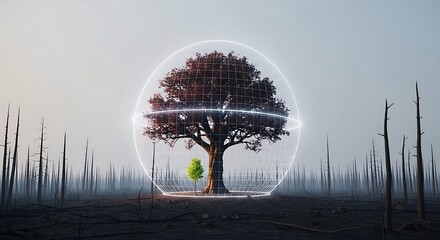 A powerful scene of a vibrant tree and sapling encased in a glowing protective sphere, contrasting with a desolate, burnt forest. Symbolizes environmental preservation and hope for nature.