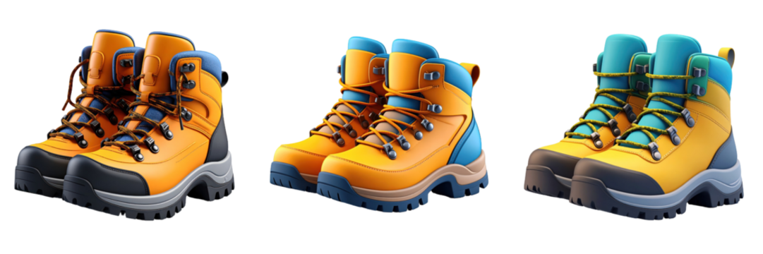 3D Plastic Style Hiking Boots Icon Isolated on Transparent Background Various Angles and Colors Depicting Outdoor Footwear for Adventure and Exploration