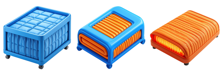 3D Plastic Style Heated Blanket Icons Displaying Blue And Orange Colors Against Transparent Background For Comfortable Warmth And Relaxation