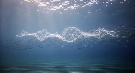 Underwater scene featuring a glowing abstract data network moving through a large school of fish, depicting marine biology, technology, and data visualization.