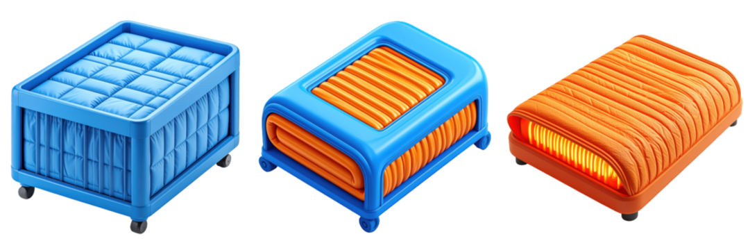 3D Plastic Style Heated Blanket Icons Displaying Blue And Orange Colors Against Transparent Background For Comfortable Warmth And Relaxation