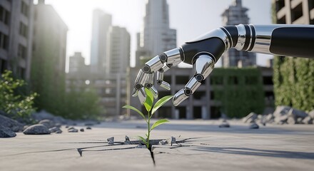 Robotic hand tending a small plant growing through cracked concrete amidst a ruined city, representing environmental renewal, AI's role in restoration, and the future of sustainability.