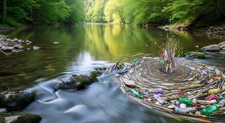 Beautiful, pristine river in a dense green forest, tragically polluted by a swirling vortex of plastic waste, emphasizing environmental destruction and human impact.