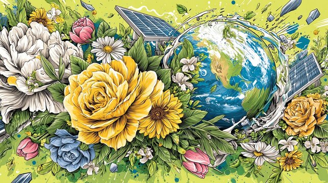 eco-friendly holiday gatherings Vibrant world with flowers and solar panels. global Earth awareness events sustainable lifestyle celebrations