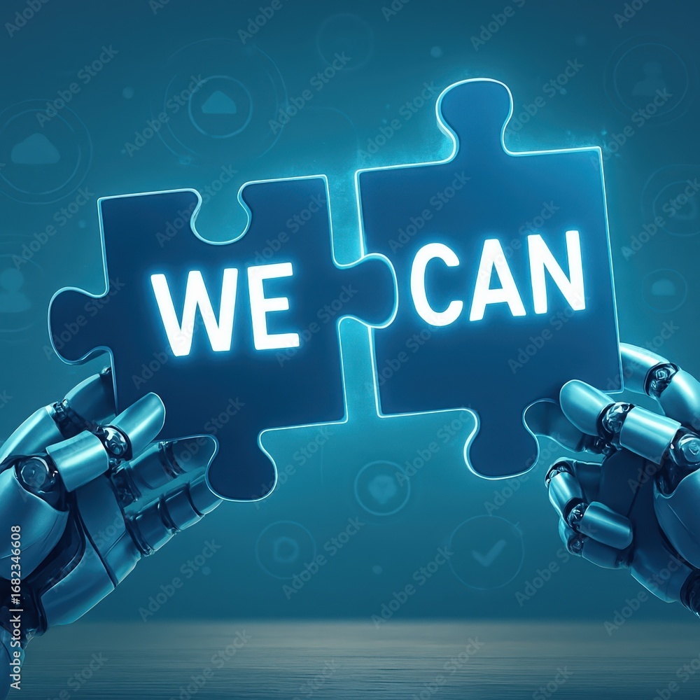 Poster robotic hands hold glowing puzzle pieces, displaying the message 