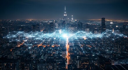 Stunning aerial view of a modern metropolis at night, featuring a vibrant digital network symbolizing technological advancement, global data exchange, and smart city infrastructure.