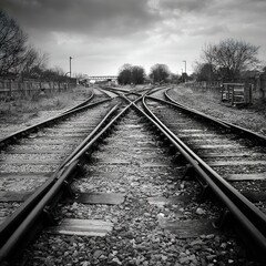 Fototapeta premium Railway tracks converging on a gloomy day