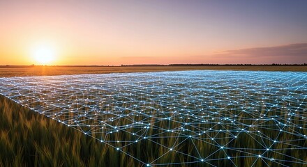 Stunning sunset over a crop field with a digital network overlay, illustrating smart farming, precision agriculture, and IoT technology in action.