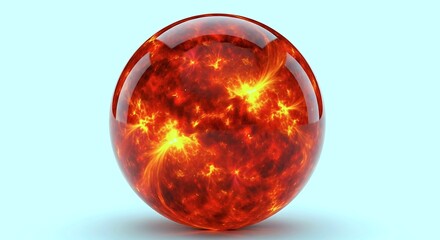 A glossy, transparent sphere or orb containing intense, swirling patterns of orange, red, and yellow fire or plasma, suggesting the sun or internal energy, set against a light blue background