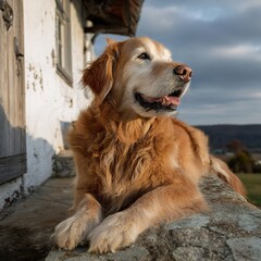 Golden Retriever Dog Relaxing on Wooden Porch in Snowy Mountain Cabin
