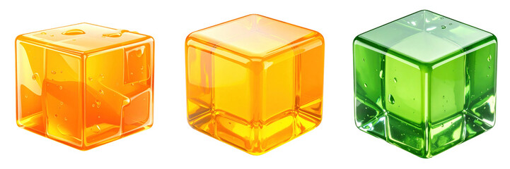 3D Plastic Style Gel Cubes with Transparent Appearance in Orange Yellow and Green Colors Isolated on Transparent Background