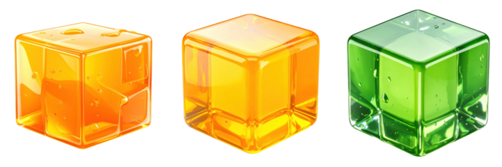 3D Plastic Style Gel Cubes with Transparent Appearance in Orange Yellow and Green Colors Isolated on Transparent Background