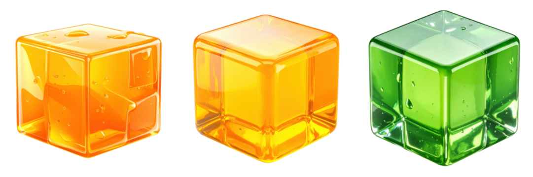 3D Plastic Style Gel Cubes with Transparent Appearance in Orange Yellow and Green Colors Isolated on Transparent Background