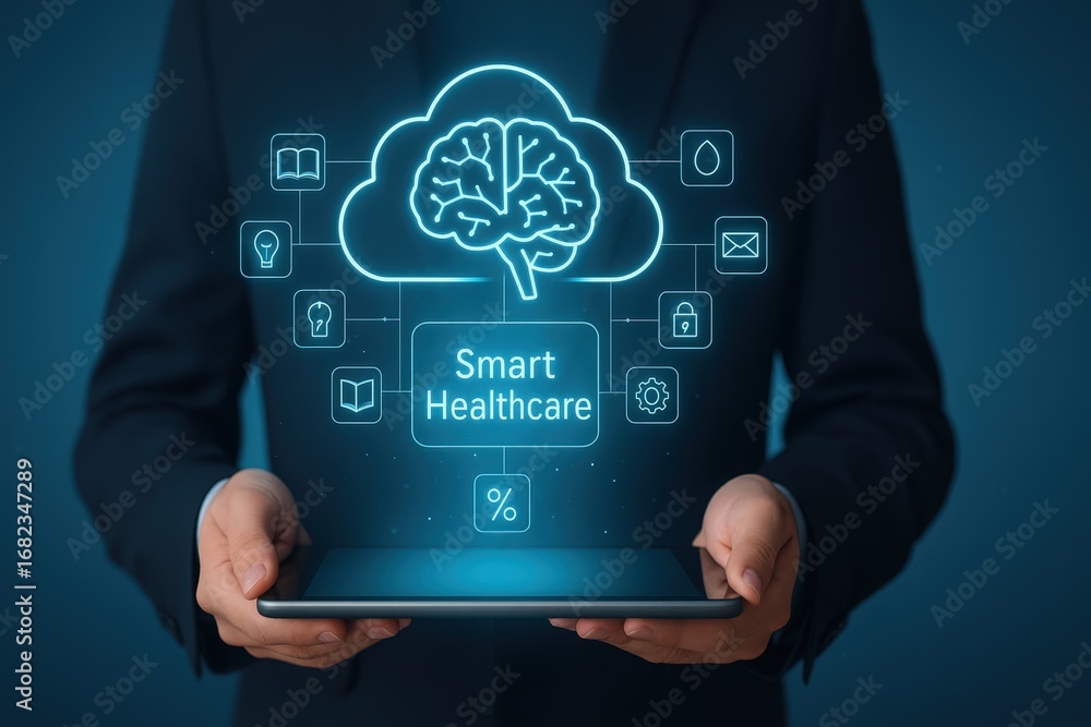 Poster a person holds a tablet showcasing a futuristic smart healthcare interface with a brain icon within 