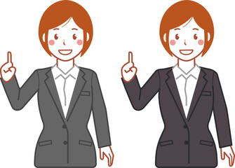 グレースーツ、ショートヘアのNo.1ポーズをする若い女性