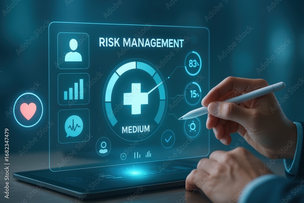Poster a hand interacts with a digital tablet displaying a risk management interface with various health-re