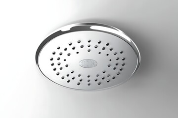 Overhead showerhead with multiple nozzles and a circular, metallic design against a white background