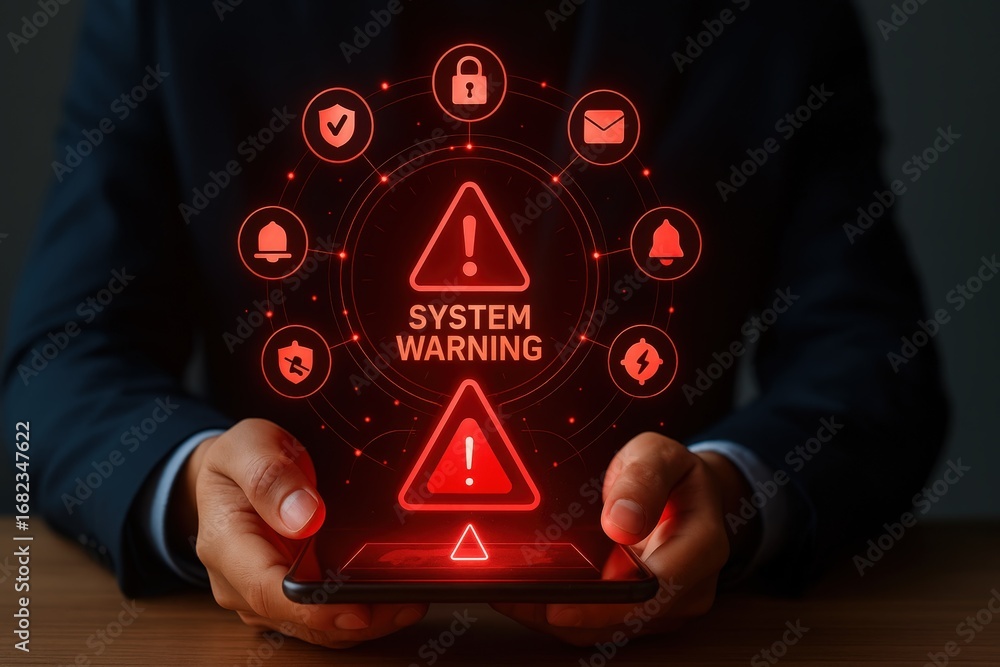 Leinwandbilder a person holds a smartphone displaying a system warning interface with red alert symbols and icons.