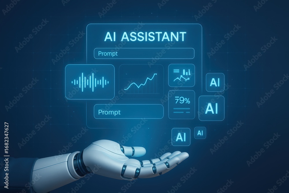 Poster a robotic hand interacts with a glowing, digital ai assistant interface, displaying various data vis