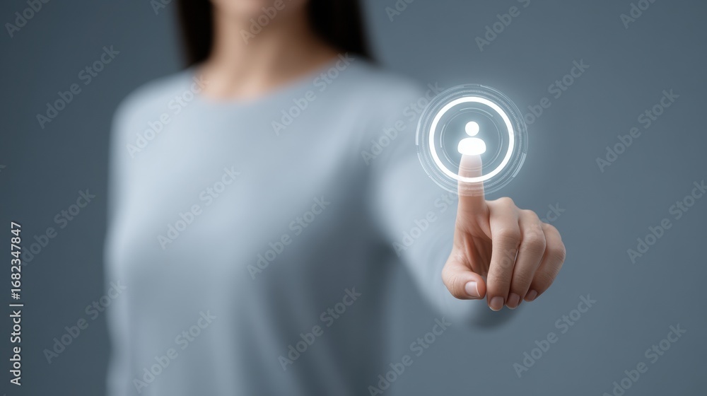 Poster a person interacts with a digital interface, emphasizing technology and connectivity.