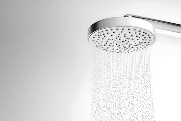 Shower head spraying water. Minimalist aesthetic and bright, white background