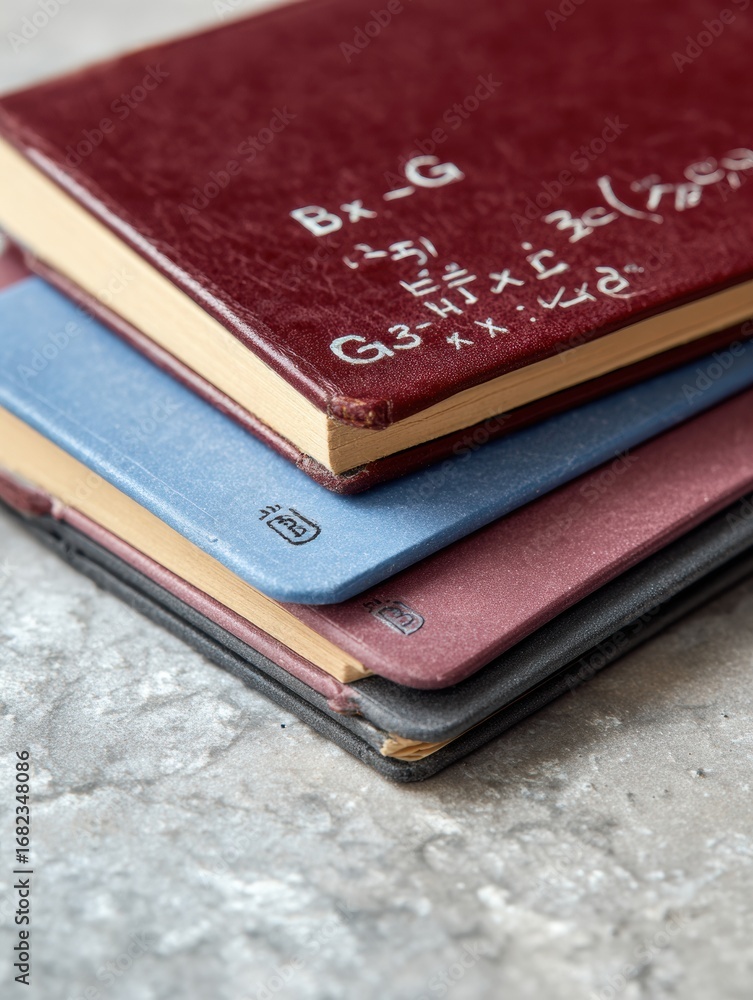 Aufkleber collection of colorful notebooks stacked on a textured surface, showcasing various designs, ideal fo