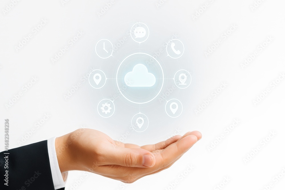 Poster a hand holds a digital cloud computing network, showcasing interconnected application icons in a lig