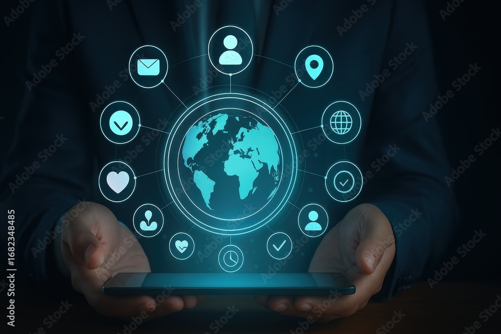 Poster hands holding a tablet displaying a global network interface with various interconnected icons.