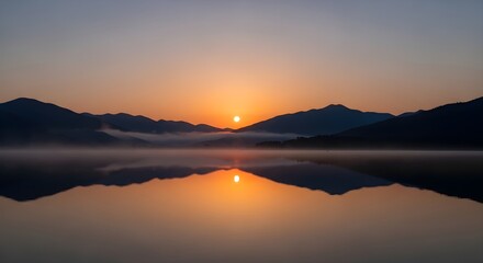 Obraz premium Minimalist sunrise over misty mountains with calm lake reflection, ultra-detailed, crisp edges, noise-free, natural lighting, peaceful mountain scenery