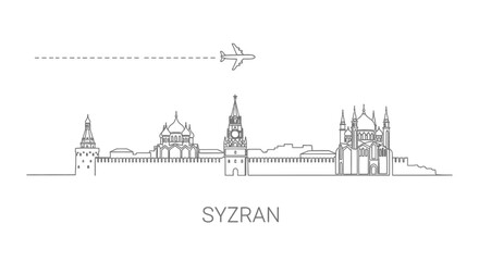 Obraz premium Syzran skyline outline with airplane.
