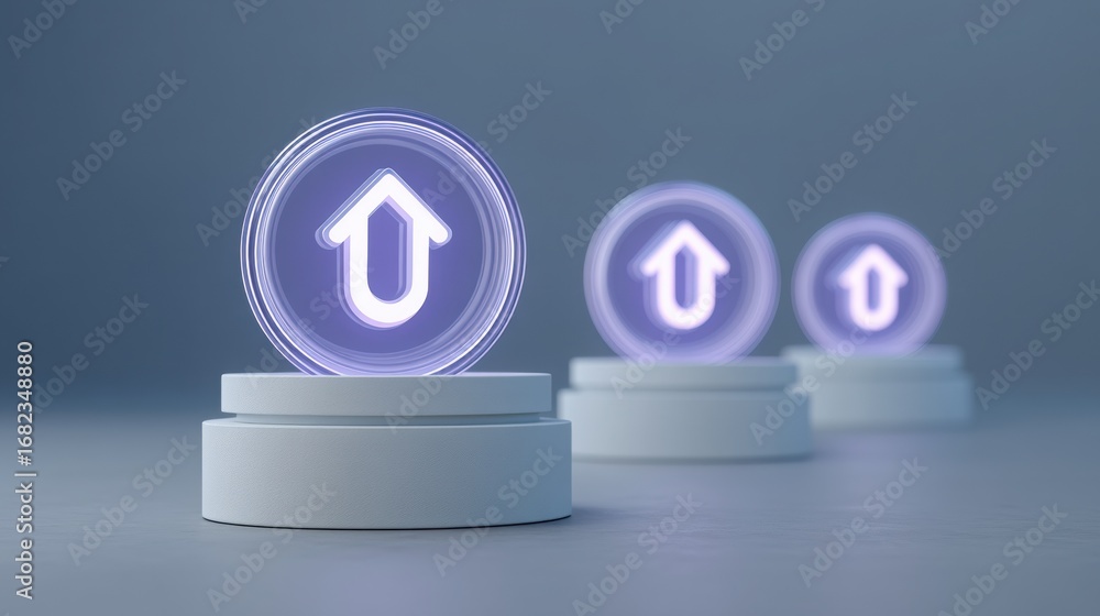Poster three glowing upward arrows on circular bases, symbolizing growth and progress in a digital context.