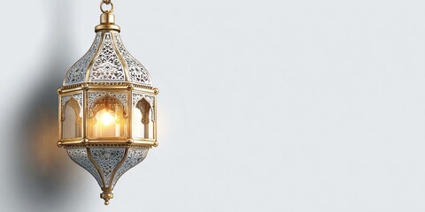 Ornate, gold-and-white hanging lantern casts a warm glow against a simple background.