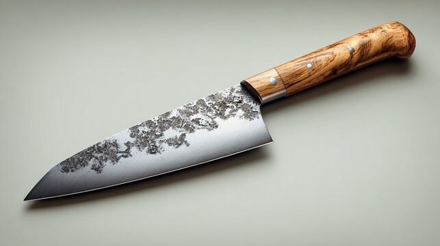 High-end chef's knife, etched blade, wooden handle