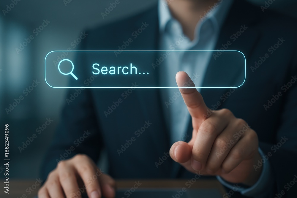 Poster a person in a suit touches a glowing search bar on a digital interface.