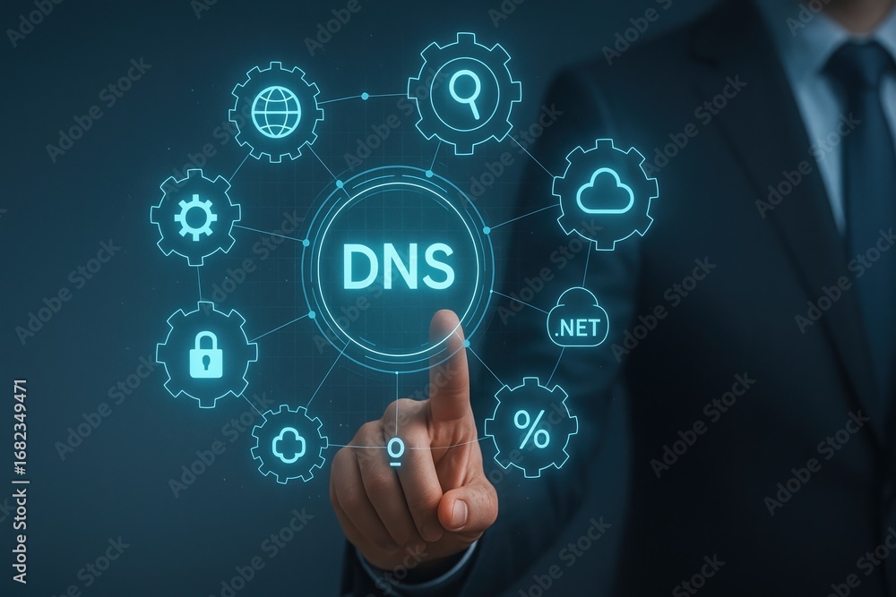 Poster a hand interacts with a digital interface displaying a network diagram centered on the dns system, i