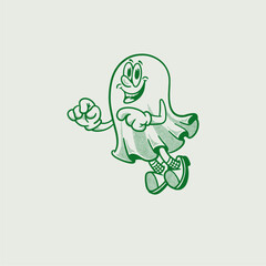 A Halloween ghost cartoon character. Groovy, retro, mascot, icon, vintage, funny, comic, icon, vector, icon, illustration, logo, sticker, editable