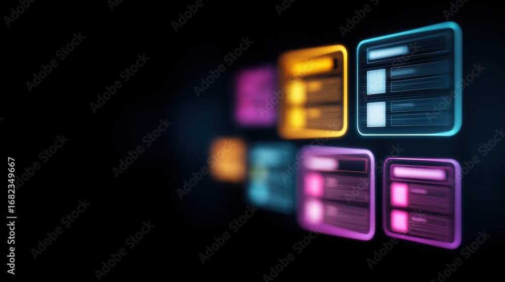 Poster abstract digital interface with colorful data panels on a dark background.
