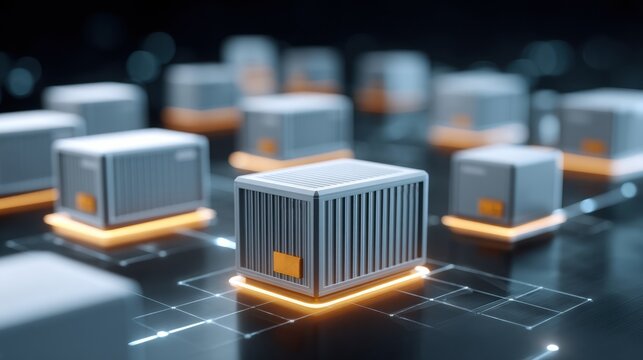 Futuristic shipping containers illuminated in a digital environment symbolize modern logistics and technology.