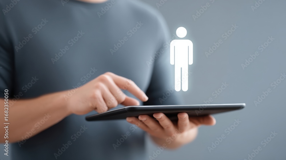 Poster a person interacts with a tablet, displaying an abstract figure above it.