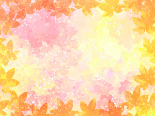 秋の紅葉のイメージの背景素材。水彩風テクスチャー。紅葉の葉っぱのシルエット。かわいい色調。カラフル。ふんわりした光の輝き。コピースペース。