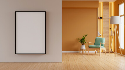 Contemporary home interior with a colorful orange accent wall, a stylish green armchair,Mockup frame in modern interior,Living room wall poster mockup- 3D rendering
