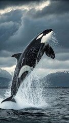 Fototapeta premium Orca whale breaching ocean water leaping
