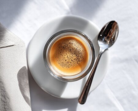 Overhead view of espresso shot with silver spoon on white tablecloth, window light creating serene atmosphere for café menu design