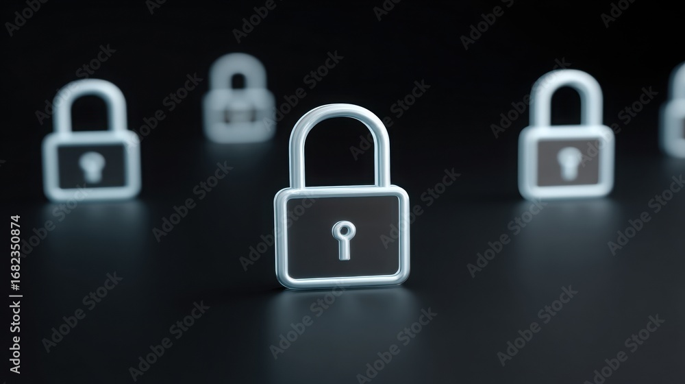 Poster glowing padlocks represent security in a dark setting, emphasizing protection and privacy.